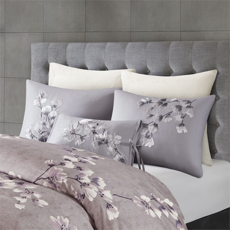 N Natori Sakura Blossom 3-Piece Cotton Full/Queen Duvet Cover Set in Purple