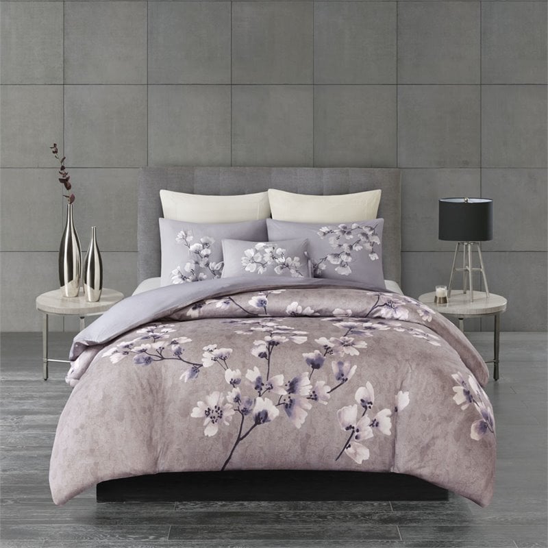 N Natori Sakura Blossom 3-Piece Cotton Full/Queen Duvet Cover Set in Purple