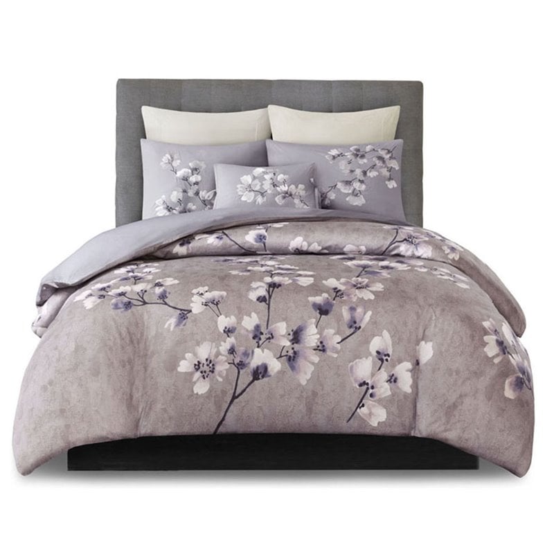 N Natori Sakura Blossom 3-Piece Cotton Full/Queen Duvet Cover Set in Purple