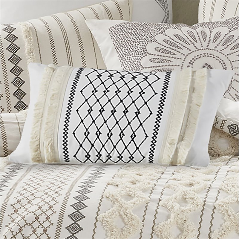 INK+IVY Bea Oblong Modern Cotton Embroidered Pillow in Ivory