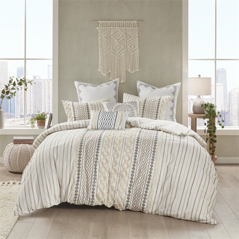 INK+IVY Bea Oblong Modern Cotton Embroidered Pillow in Ivory