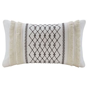 INK+IVY Bea Oblong Modern Cotton Embroidered Pillow in Ivory