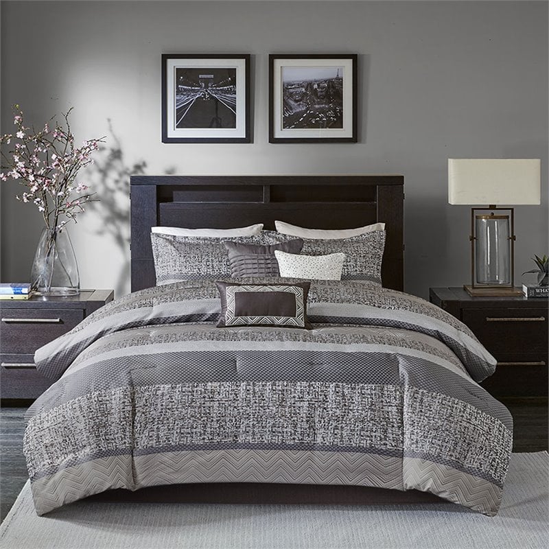 Madison Park Rhapsody 7-Piece Polyester Jacquard Comforter Set in Gray/Taupe