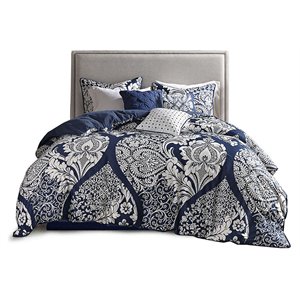 madison park vienna 7-piece transitional cotton printed comforter set in blue