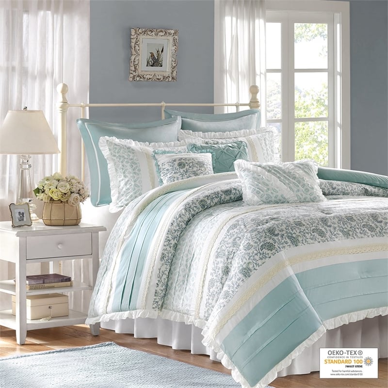 Madison Park Dawn 9-Piece Cotton Printed Comforter Set w/ Pintuck in Blue