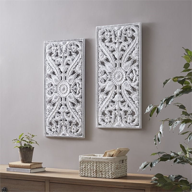 Madison Park Wood Botanical Panel Carved Wall Decor in White (Set of 2)