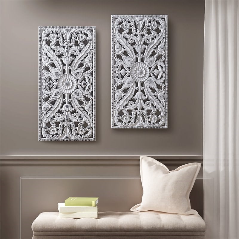 Madison Park Wood Botanical Panel Carved Wall Decor in White (Set of 2)