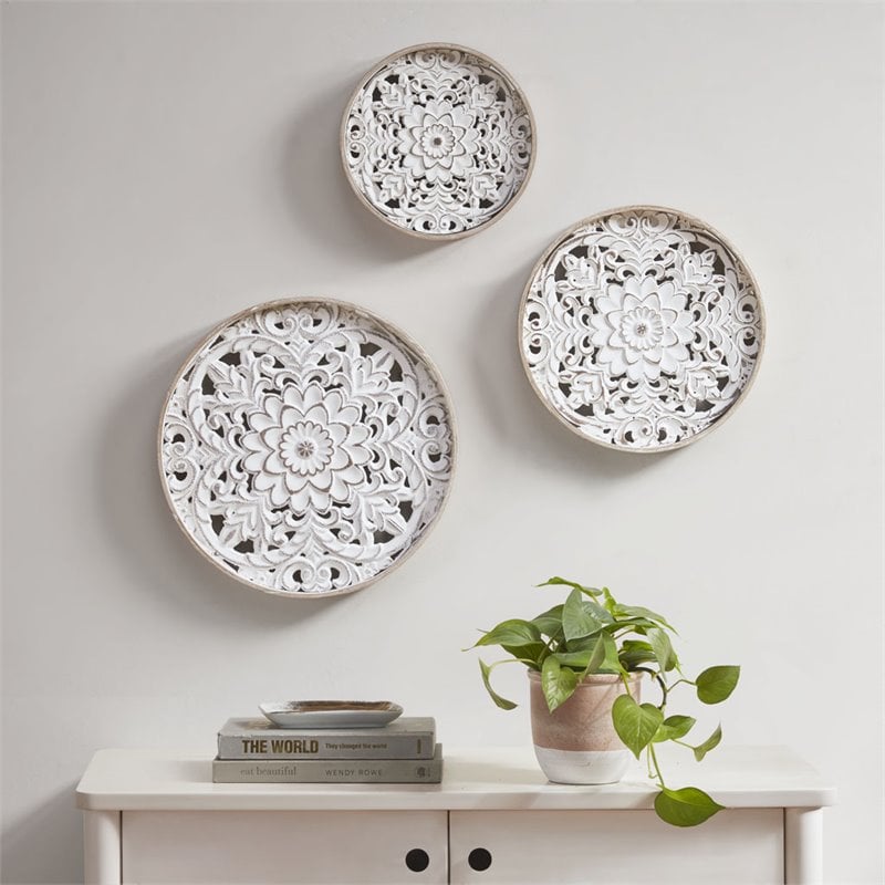 Madison Park 3-Piece Modern Firwood Medallion Trio Wall Decor Set in White