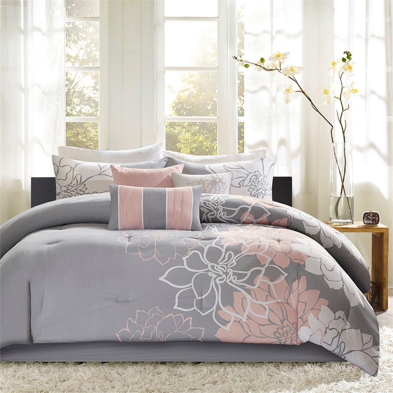 Madison Park Lola 7-Piece Cotton Sateen Printed Comforter Set in Gray