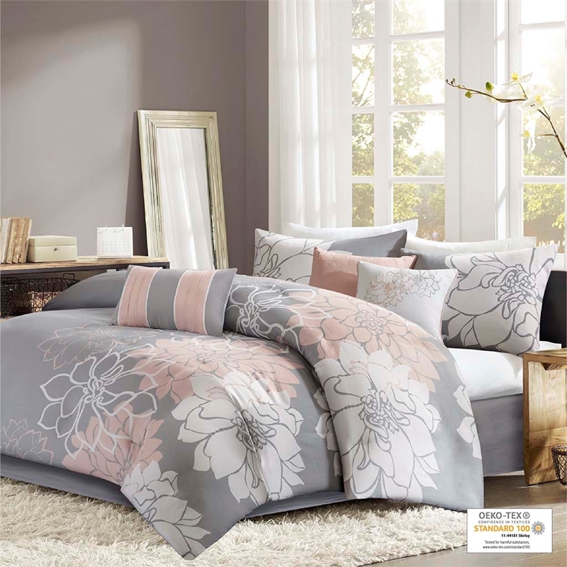 Madison Park Lola 7-Piece Cotton Sateen Printed Comforter Set in Gray