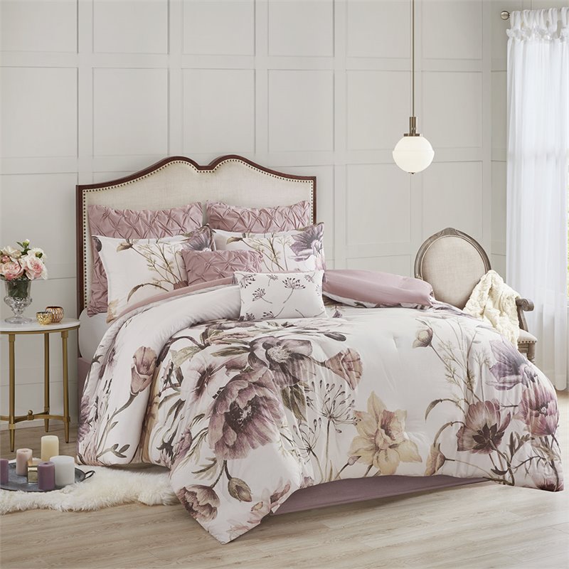 madison park cassandra 8-piece cotton percale printed comforter set in pink