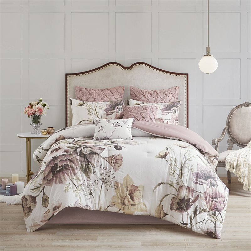 madison park cassandra 8-piece cotton percale printed comforter set in pink