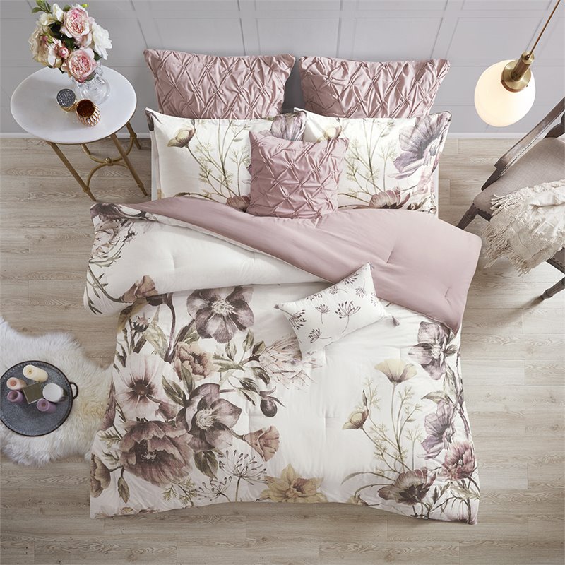 madison park cassandra 8-piece cotton percale printed comforter set in pink
