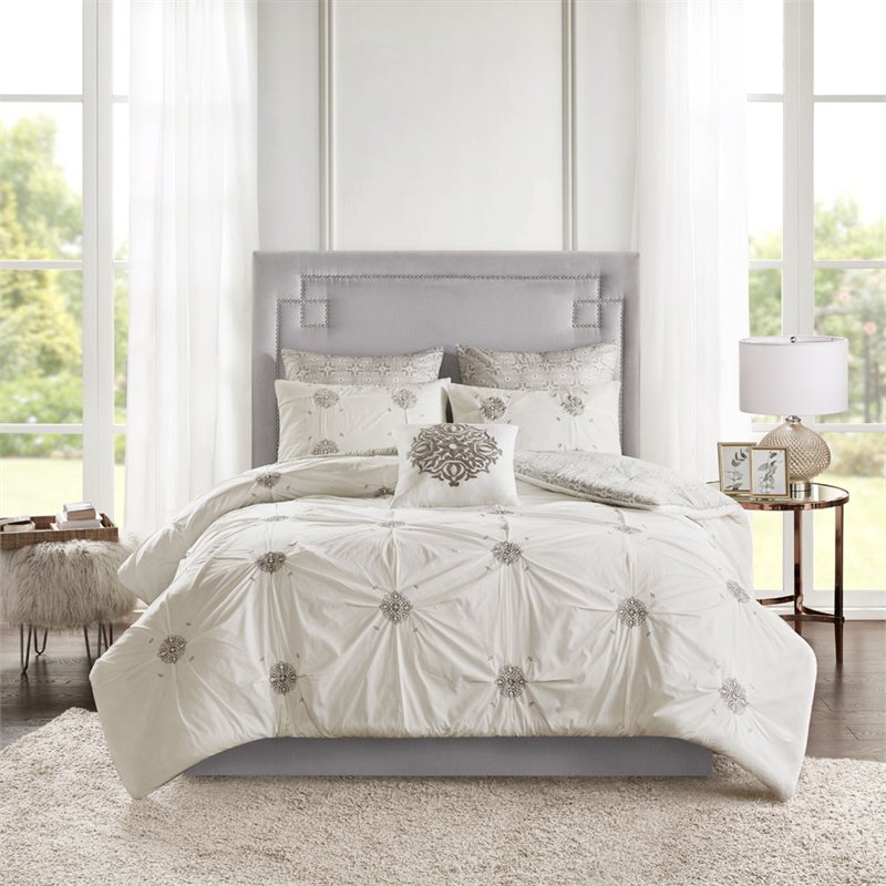 Madison Park Malia 6-Piece Farmhouse Embroidered Cotton Comforter Set in Ivory