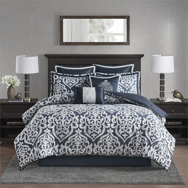 Madison Park Odette 8-Piece Polyester Jacquard Comforter Set in Navy