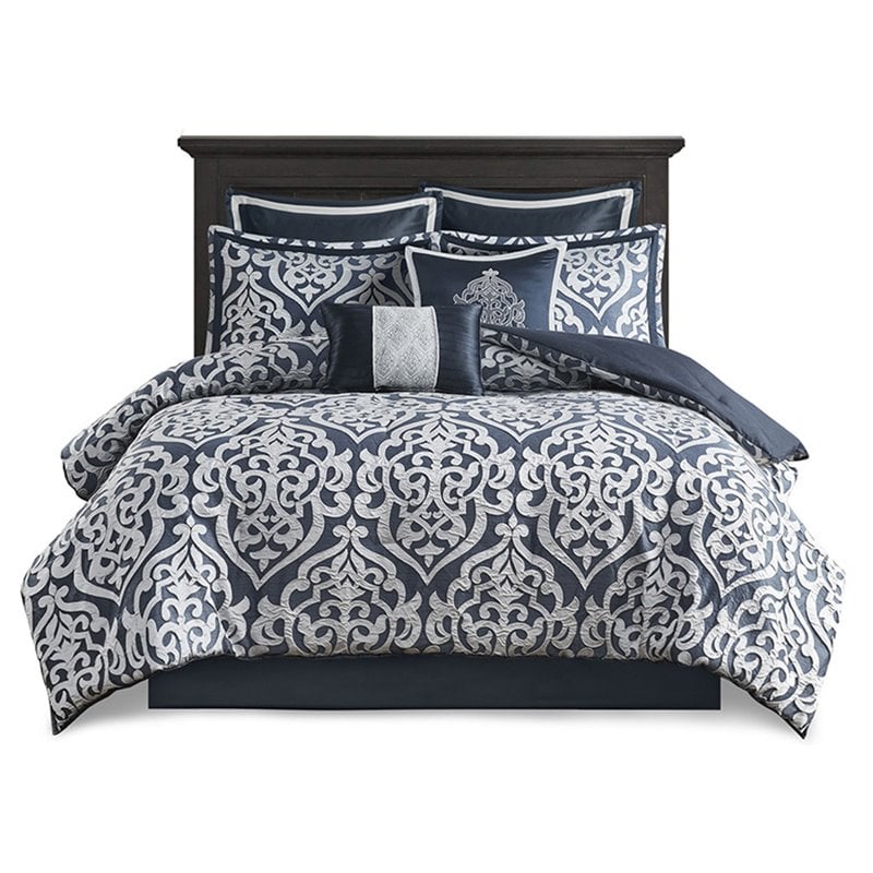 Madison Park Odette 8-Piece Polyester Jacquard Comforter Set in Navy
