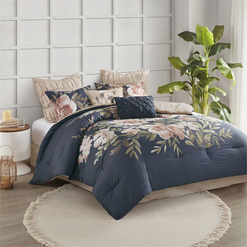 Madison Park Camillia 8-Piece Farmhouse Cotton Printed Comforter Set in Navy