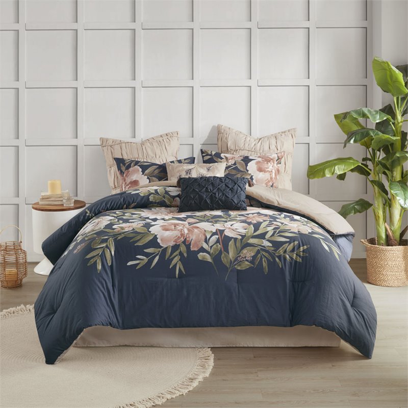 Madison Park Camillia 8-Piece Farmhouse Cotton Printed Comforter Set in Navy