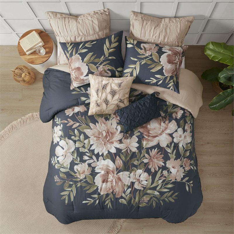 Madison Park Camillia 8-Piece Farmhouse Cotton Printed Comforter Set in Navy