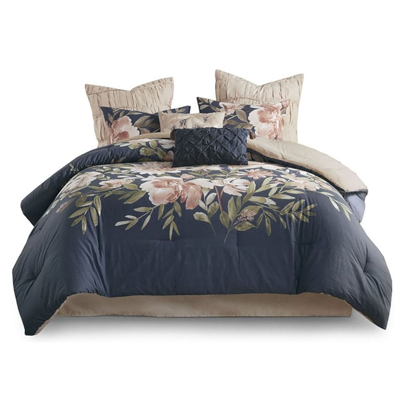 Madison Park Camillia 8-Piece Farmhouse Cotton Printed Comforter Set in Navy