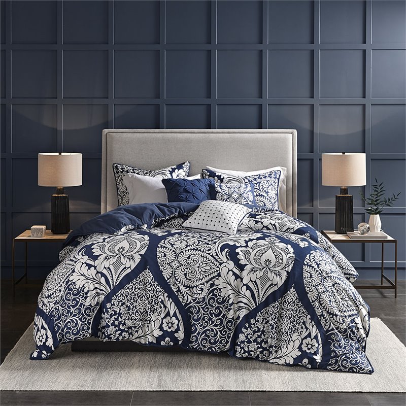Madison Park Vienna 6-Piece Cotton Printed King/Cal King Duvet Cover Set in Blue