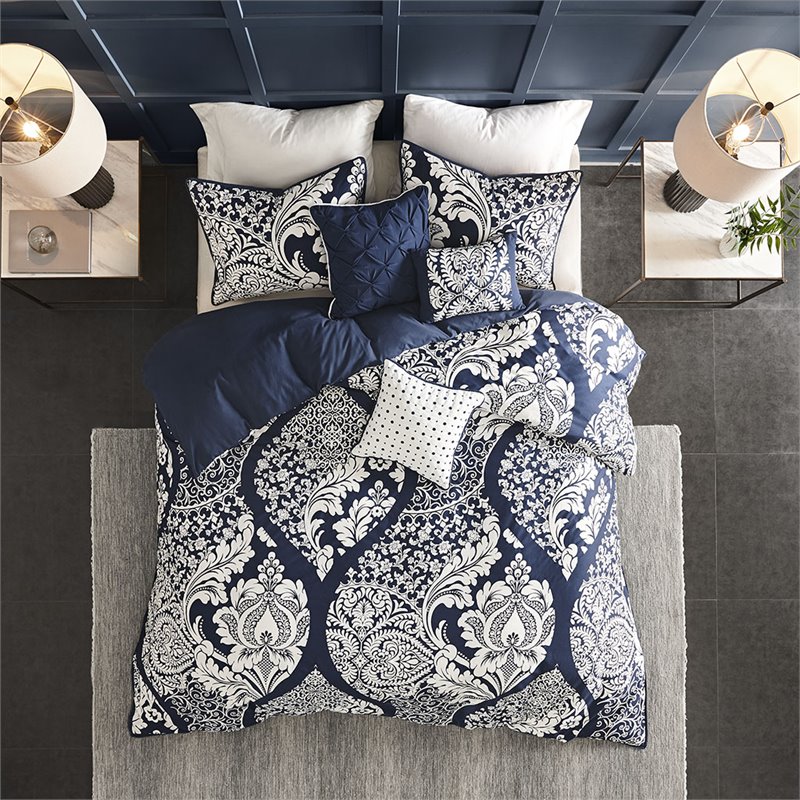Madison Park Vienna 6-Piece Cotton Printed King/Cal King Duvet Cover Set in Blue