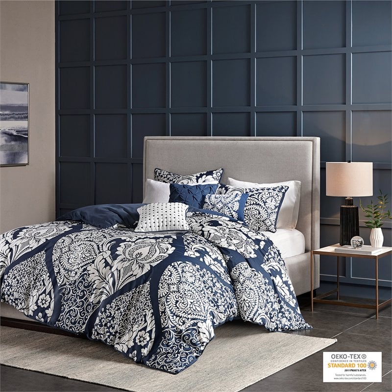 Madison Park Vienna 6-Piece Cotton Printed King/Cal King Duvet Cover Set in Blue