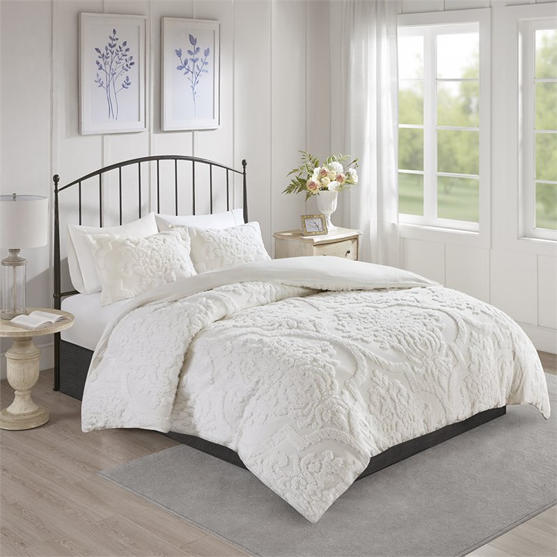 Madison Park Viola 3-Piece Cotton Tufted Full/Queen Duvet Cover Set in Off White