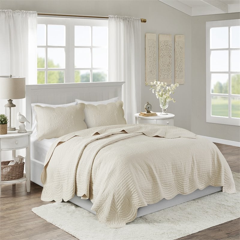 Madison Park Tuscany 3-Piece Polyester Microfiber Coverlet Set in Cream