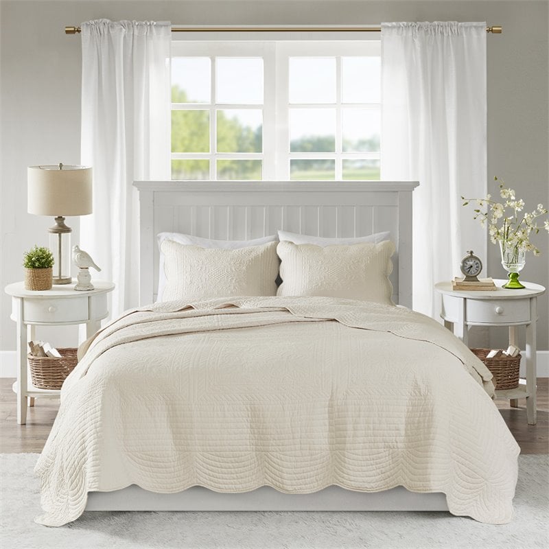 Madison Park Tuscany 3-Piece Polyester Microfiber Coverlet Set in Cream