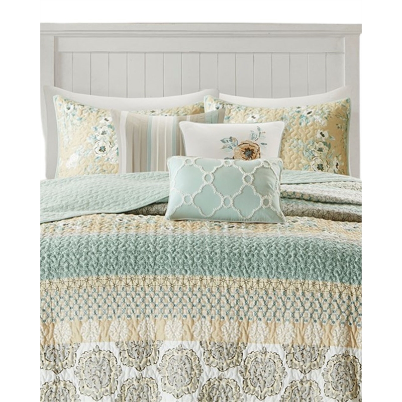 Madison Park Willa 6-Piece Cotton Sateen Printed Coverlet Set in Green