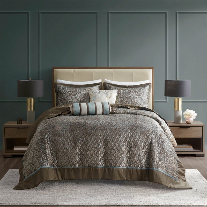 Madison Park Aubrey 5-Piece Polyester Cotton Faux Silk Bedspread Set in Blue