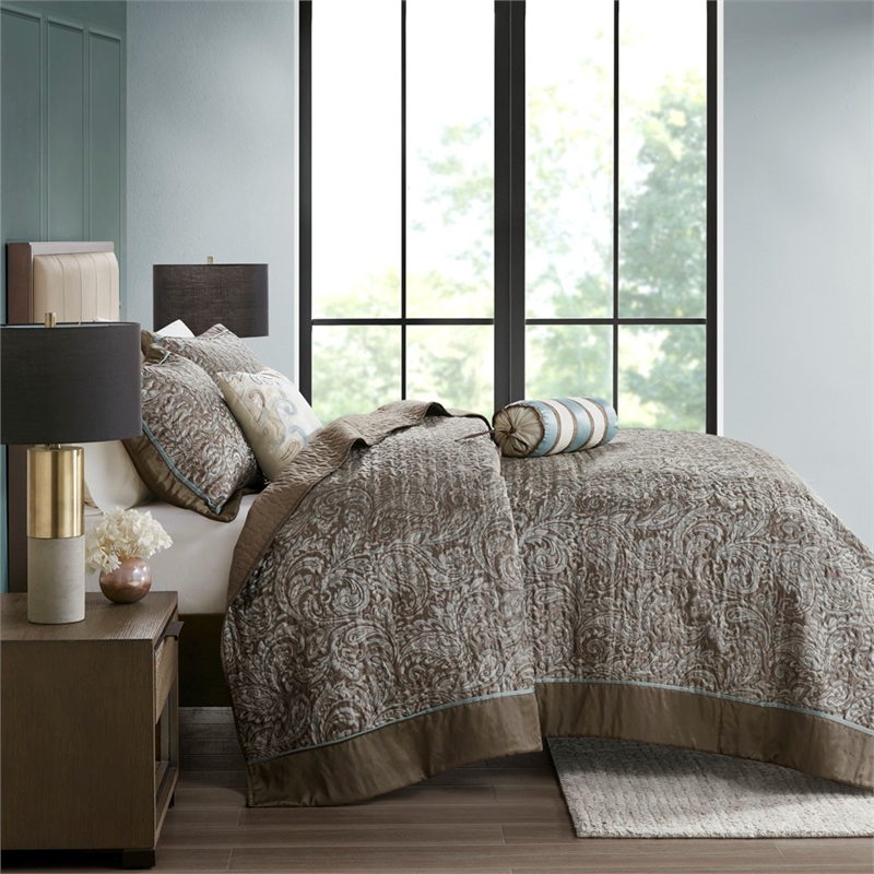 Madison Park Aubrey 5-Piece Polyester Cotton Faux Silk Bedspread Set in Blue