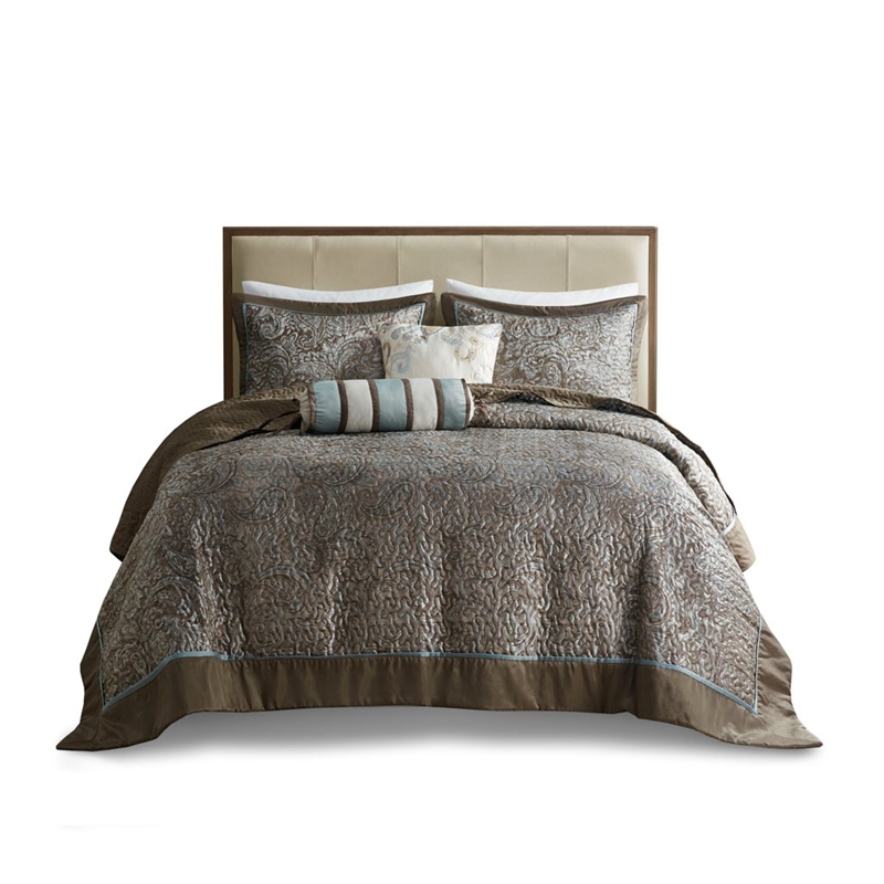 Madison Park Aubrey 5-Piece Polyester Cotton Faux Silk Bedspread Set in Blue