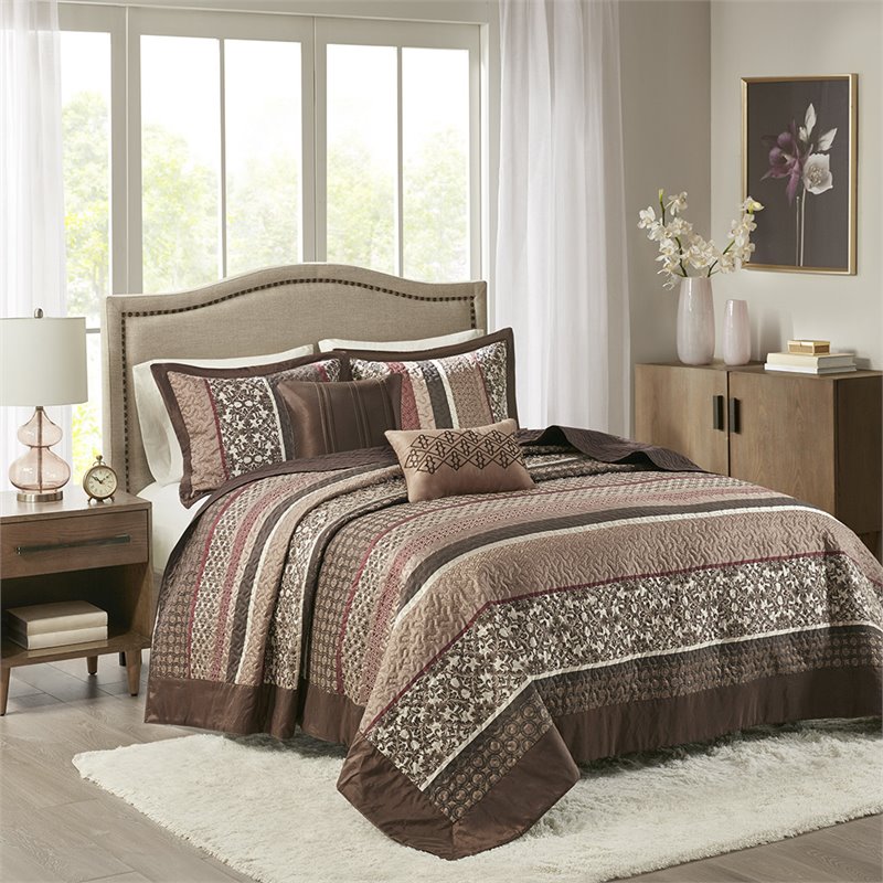 Madison Park Princeton 5-Piece Polyester Cotton Faux Silk Bedspread Set - Brown