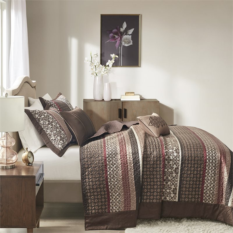 Madison Park Princeton 5-Piece Polyester Cotton Faux Silk Bedspread Set - Brown