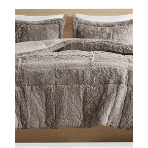 Intelligent Design Malea Polyester Back Shaggy Long Fur Comforter Set in Gray