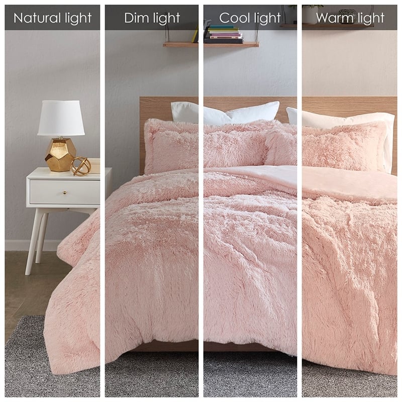 Intelligent Design Malea Polyester Solid Shaggy Fur Duvet Cover Set in Pink