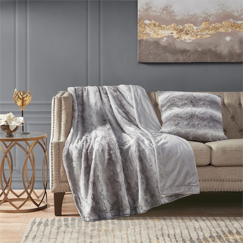 Madison Park Zuri Modern Polyester Faux Tip Dyed Brushed Long Fur Pillow in Gray