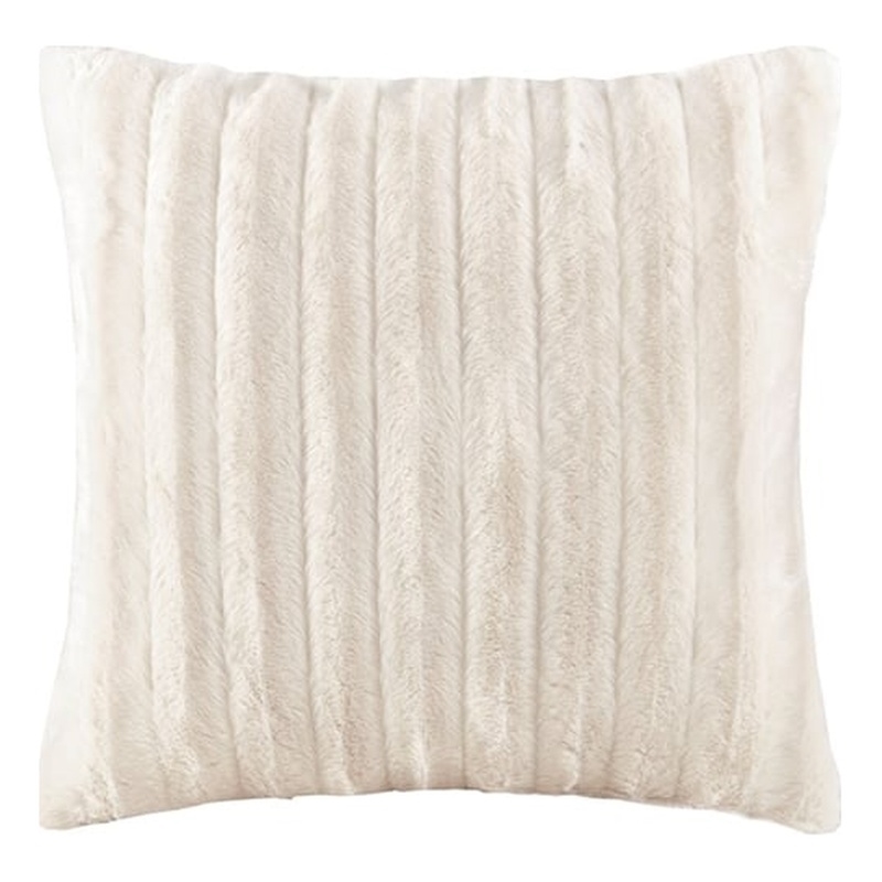 Madison Park Square Polyester Solid Stripe Plaited Long Fur Pillow in Ivory