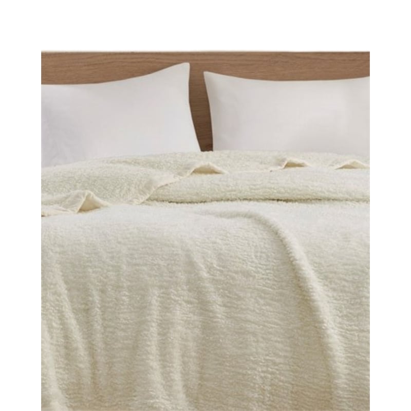 Woolrich Fabric Solid Berber Brushed Blanket w/ Crystal Velvet Binding in Ivory