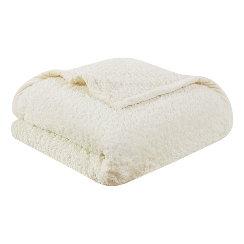 Woolrich Fabric Solid Berber Brushed Blanket w/ Crystal Velvet Binding in Ivory