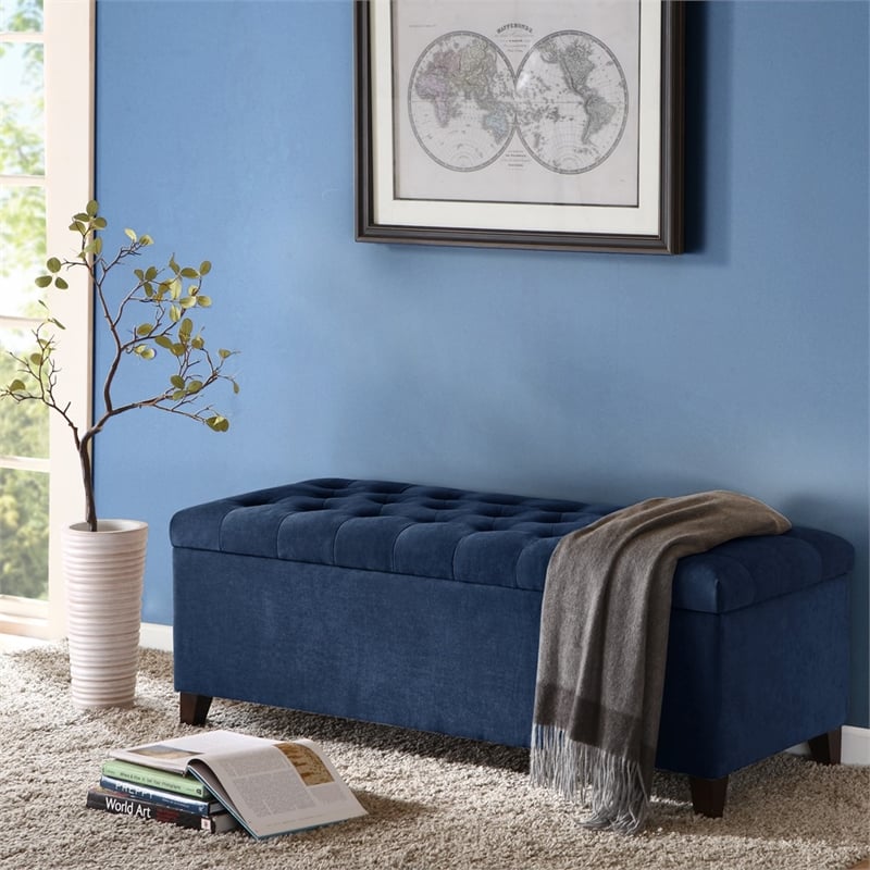 Madison Park Shandra Wood and Fabric Tufted Top Storage Bench in Navy