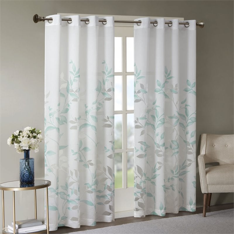 Madison Park Cecily Rayon Polyester Burnout Printed Window Panel in Aqua Blue