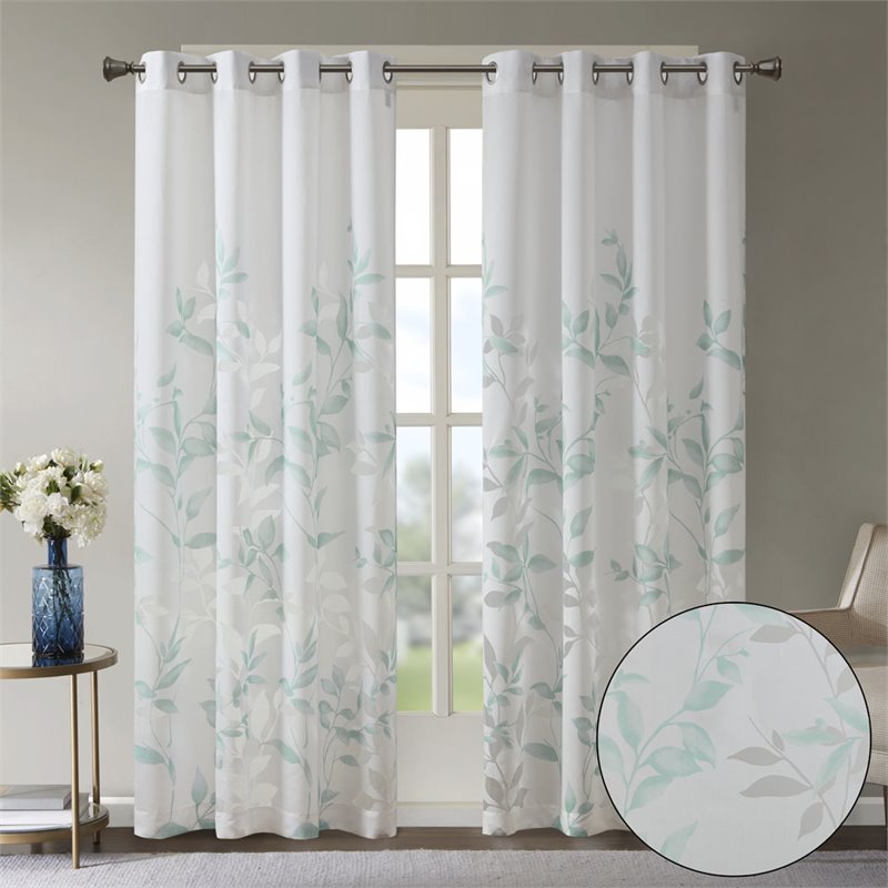 Madison Park Cecily Rayon Polyester Burnout Printed Window Panel in Aqua Blue