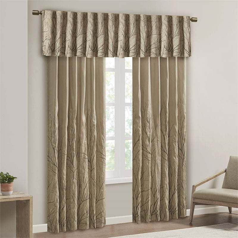 Madison Park Andora Faux Silk Fabric Embroidered Window Valance in Tan