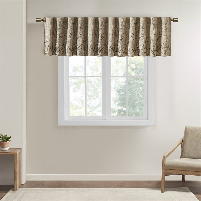 Madison Park Andora Faux Silk Fabric Embroidered Window Valance in Tan