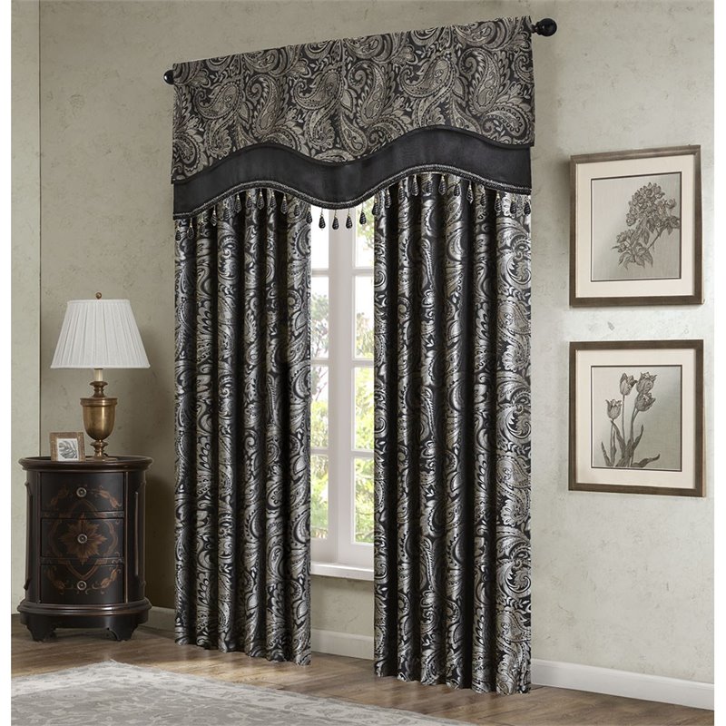 Madison Park Aubrey Polyester Jacquard Window Valance with Beads in Black/Gold