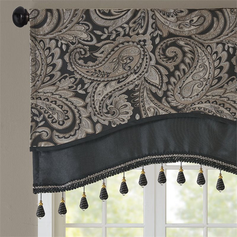 Madison Park Aubrey Polyester Jacquard Window Valance with Beads in Black/Gold