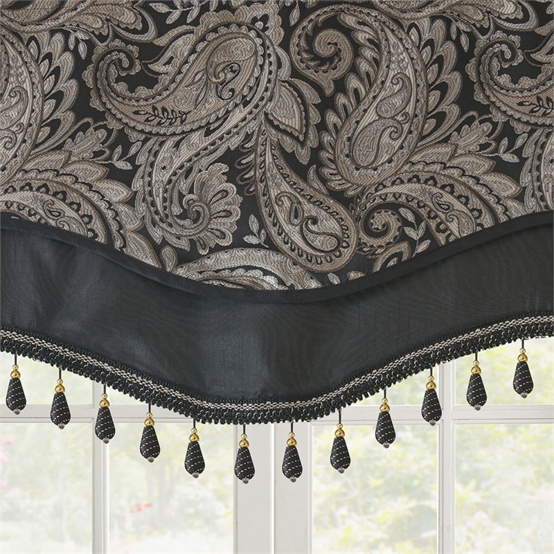 Madison Park Aubrey Polyester Jacquard Window Valance with Beads in Black/Gold